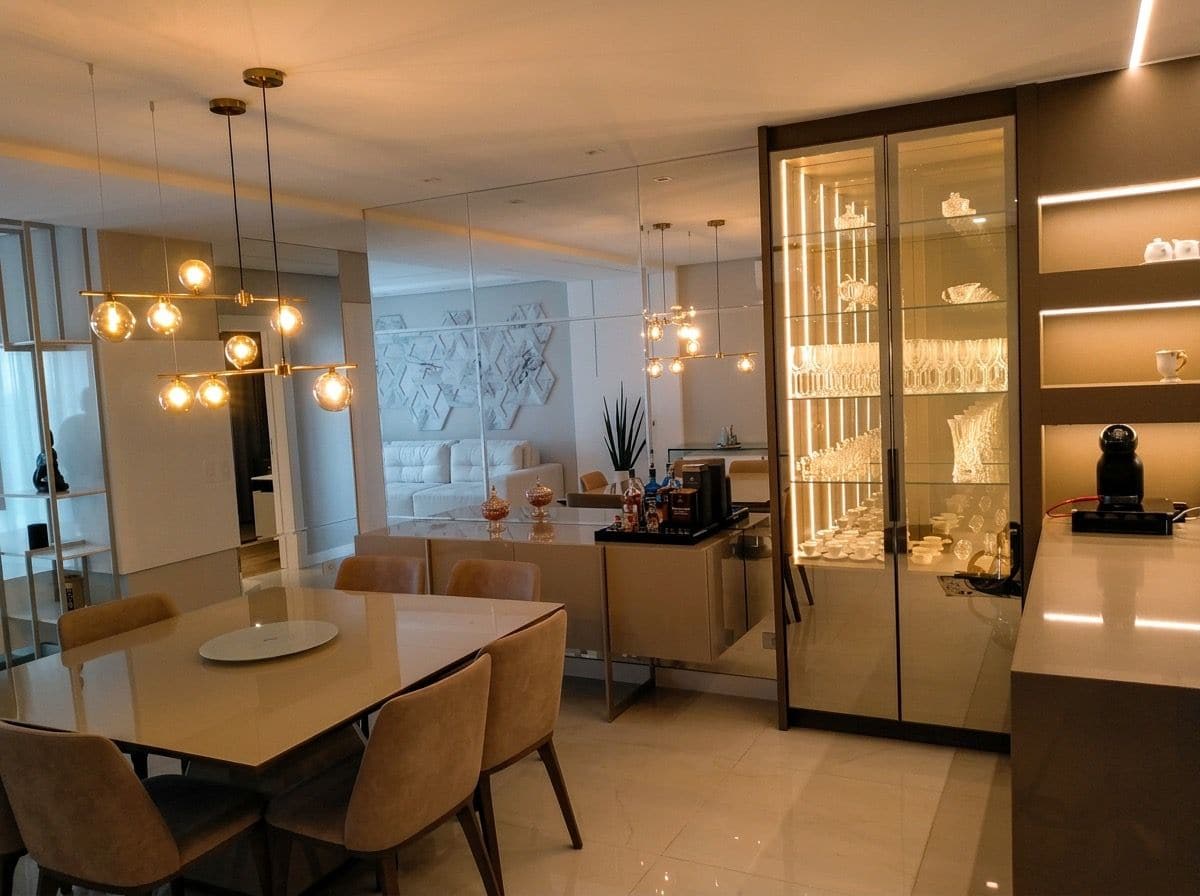 Sala de jantar com cristaleira de portas de vidro bronze iluminada em LED, buffet, parede espelhada e nichos com iluminação embutida ao lado de bancada com cafeteira
