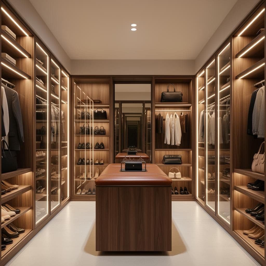 Closet planejado em madeira com portas de vidro, araras e prateleiras iluminadas em LED e ilha central com tampo estofado
