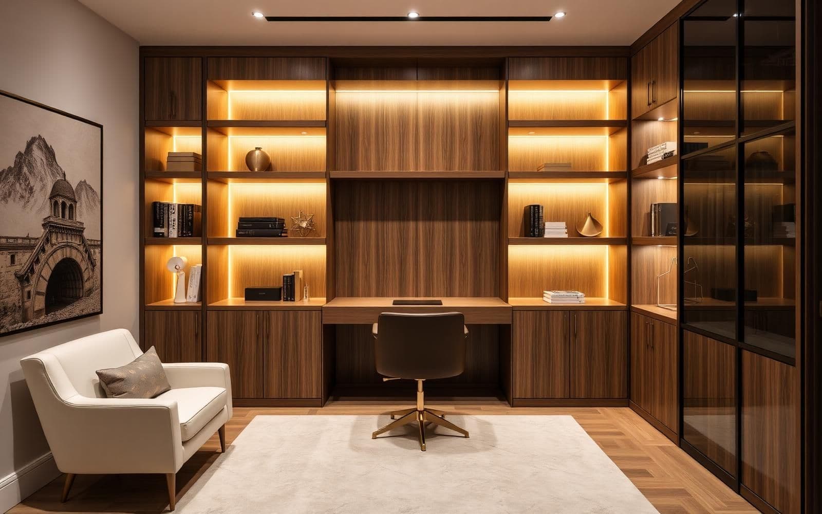 Home office planejado com bancada sob medida e estante iluminada em LED